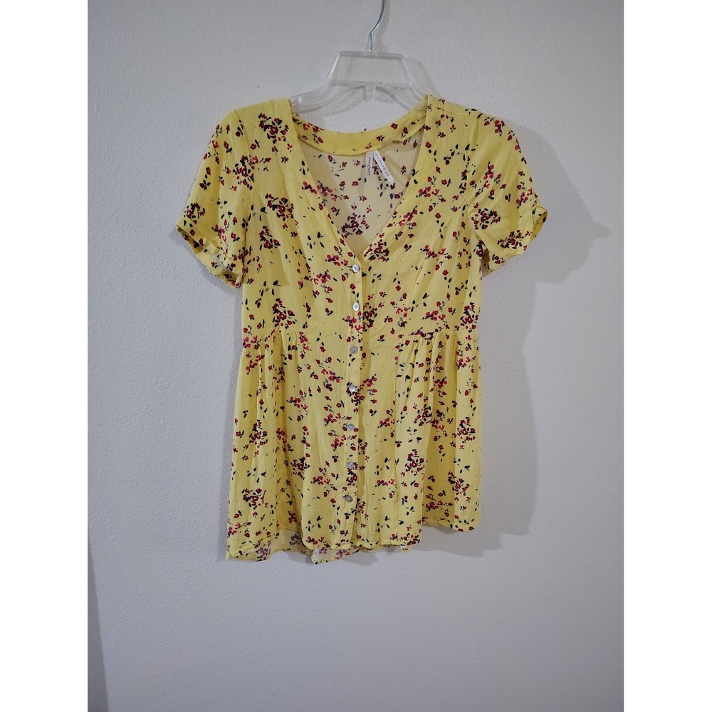 Seraphine Yellow Floral Maternity Blouse Button‎ Down V-Neck Peplum Top US 2